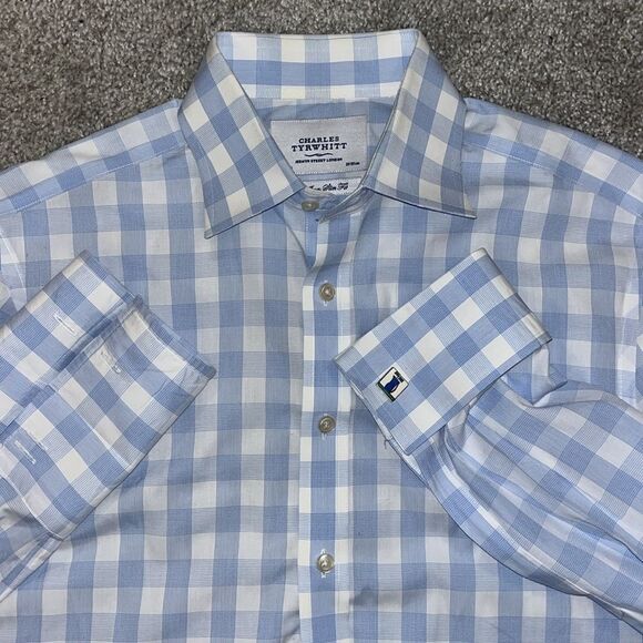 2-Charles Tyrwhitt Blue Gingham Check Plaid French Cuff & Standard Cuff Shirt M - Picture 4 of 7